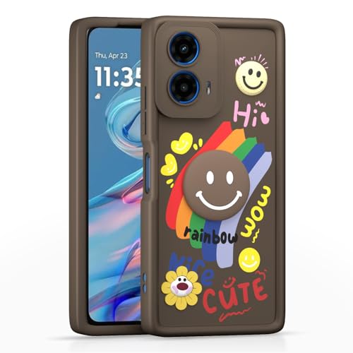 Image of Pikkme Back Cover for Motorola Moto G34 / G45 5G | Soft Silicone| Cute Rainbow Smile & 3D Cartoon Flower Design | Shockproof Raised Camera Protection Bumper Case (Brown)