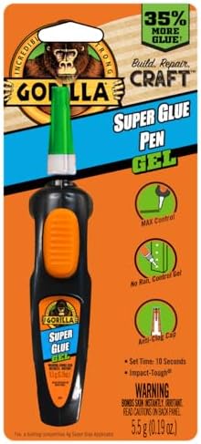 Gorilla Super Glue Gel Pen, Max Control, Thicker Formulation, Pen-Shaped Applicator, Press Application, Anti-Clog Cap, Fast-Setting, Clear, 19oz/5.5g, Pack of 1