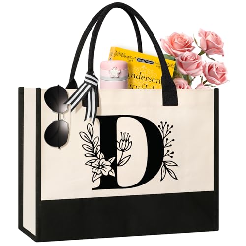 Image of Tecanne Personalized Initial Canvas Tote Bag, Suitable for Birthday, Wedding, Beach, Holiday, Gifts for Women, Mom, Teachers, Nurses, Best Friends, Bridesmaids (D)