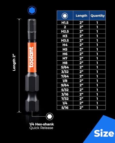 Image of toolant Impact Hex Head Allen Wrench Drill Bit Set 20pcs (Metric&SAE), 1 /4 inch Hex-Shank S2 Steel Hex Bits Set, CNC Machined Tips with Magnetism, 2 inch Long with Storage Box (Pack of 2)