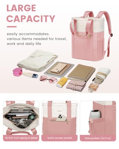 LOVEVOOK Laptop Backpack for Women, 15.6ââ Laptop Bag for Women Tote Bag Convertible, Lightweight Travel Backpack for College, Wide Open Work Backpack for Nurse Teacher Water-resistant Pink - Image 4