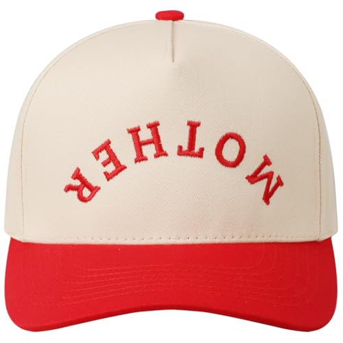 MIRMARU Two-Tone Vintage Canvas Trucker Hats for Men & Women, Adjustable Size Baseball Caps with Trendy Embroidered Design (US, Alpha, One Size, Mother Upside Down,Red)