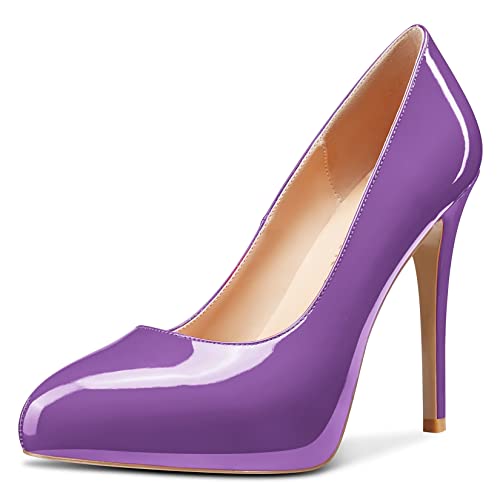MAGIOPY Damen Stiletto Hoher High Plateau Plattform Absatz Heel Geschlossene Spitze Zehenkappe Pumps Slip-on Hochzeit Büroschuhe Sexy Dress Schuhe Violett 45 EU Cover