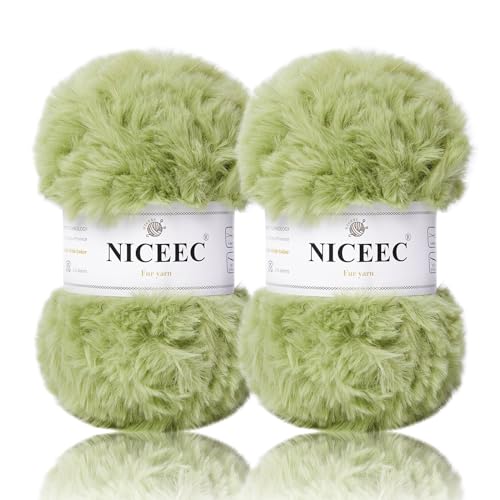 Image of NICEEC 2 Skeins Faux Fur Yarn Super Soft, Chunky & Fluffy, Eyelash Yarn for Crochet & Knitting (Total Length 70yds,3.53oz) - Warm Green