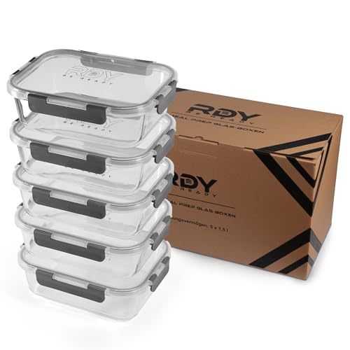 RDY® Meal Prep - Juego de cajas de cristal (5 unidades, 1500 ml, herméticas, para microondas, horno, congelador, recipientes con tapa, sin BPA, apto para lavavajillas, recipientes de cristal, para