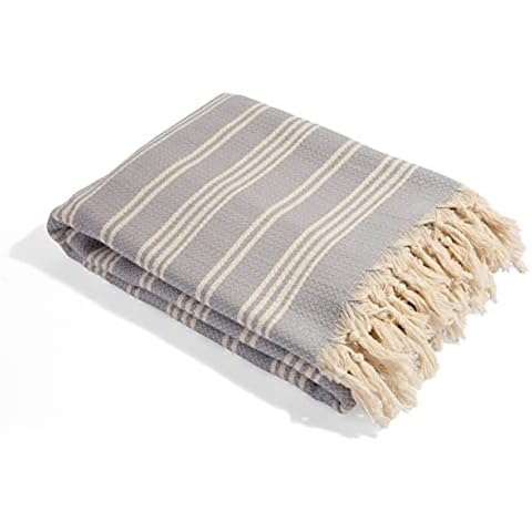 Turkish Throw Blanket Made from 100% Turkish Cotton, Large Lightweight Handwoven Sofa Throw, Partial Bed Cover or Loveseat Blanket (Slate Grey with Cream Stripes) Cover