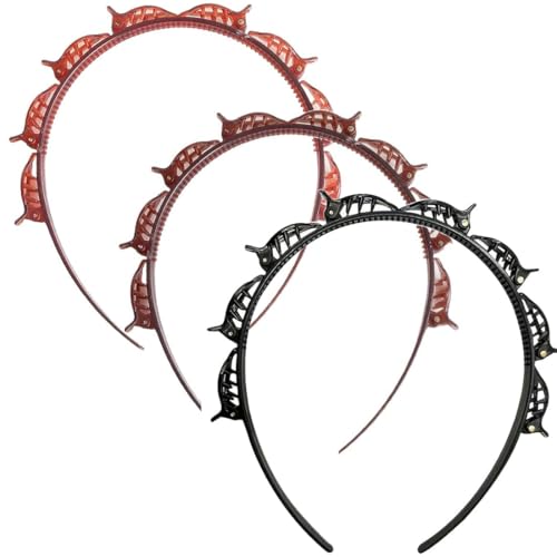 GNHG 3 Pièces avec Serre Tete Pince Bandeau Tête,Serre Tete Femme,Ouble Bangs Coiffure épingle à Cheveux,Braid Hairband,Pour Fixer les Cheveux,La Frange(Noir +Marron Foncé +Marron Clair)