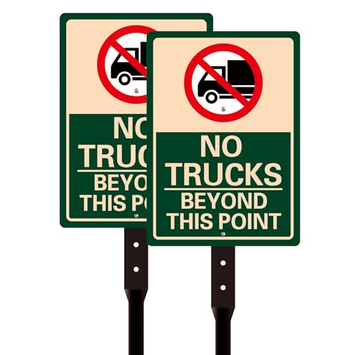 2 Pack No Trucks Beyond This Point Sign - 10' x 14' Reflective Aluminum Signs with 34.6' Metal Stakes, Rust-Free, UV & Weatherproof No Trucks Sign for Driveways, Private Roads, and Outdoor Use