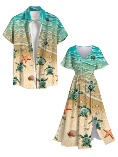 Image of Matchable Couple Hawaiian Sea Beach Starfish Turtle Shell Print Shirt or Plus Size Midi Split A Line Dress