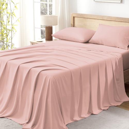 Image of Andency Blush Queen Sheets Set 100% Viscose Derived from Bamboo | Cooling Summer Sheets, Deep Pocket Up to 16 inch, Silky Soft Hotel Luxury Breathable Bedding Sheets & Pillowcases