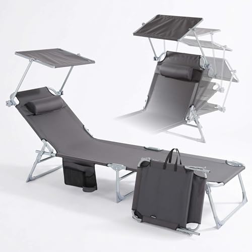 AREBOS Bain de Soleil Pliable avec Pare-Soleil | Transat de Jardin avec Coussin & Poche Latérale | 4 Positions Réglables | Jusqu’à 120 kg | Anthracite