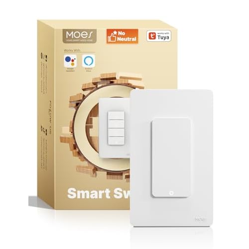 MOES WiFi Smart Light Switches, No Netural Wire No Hub Required, 2.4GHz Single Pole Switch, Compatible with Alexa Google Assistant 1 Gang Switch