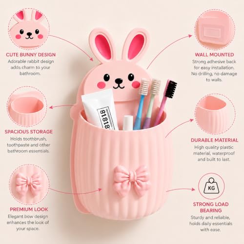Image of Cute Rabbit Wall Mounted Toothbrush Holder | Self Adhesive Bathroom Organizer for Toothbrush, Toothpaste, Comb & Makeup Brushes | Bathroom Accessories for Kids & Home (Pink Green Rabbit)