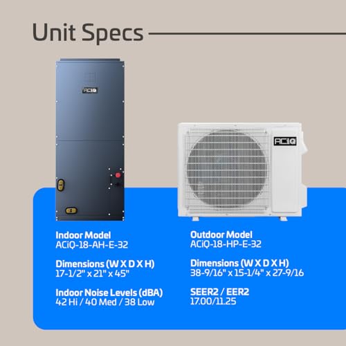 Image of ACiQ Essentials 1.5 Ton 17 SEER2 Central Inverter Heat Pump Split System with 5kW Back-up Heat Kit & 30' Install Kit - R32 | 18000 BTU, High Efficiency, Multi-Positional, AC /Heating