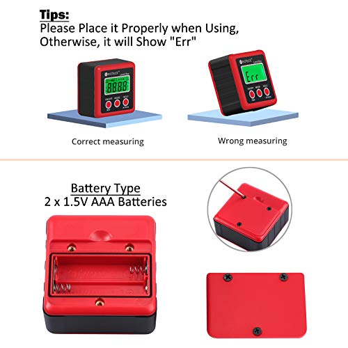 Image of Neoteck Digital Angle Finder, Backlight LCD Digital Angle Gauge Protractor Inclinometer Bevel Box, Magnetic Base, Data Hold, IP54 Dust and Water Resistant- Red
