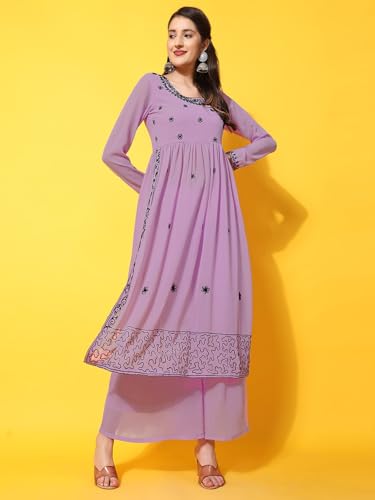 Image of PH POSHAKHUB Women A-Line Nyra Cut Kurta with Sharara in Georgette with Aari Work
