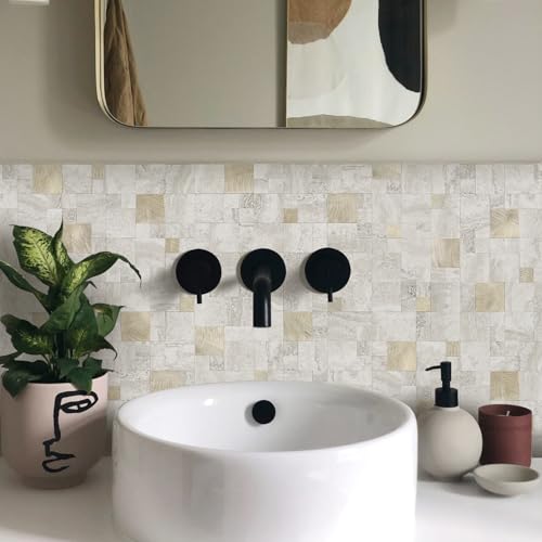 STICKGOO Peel and Stick Backsplash Tile, Stick on Backsplash for Kitchen and Bathroom, PVC Mixed Metal Self Adhesive Wall Tiles(10 Sheets, Beige)