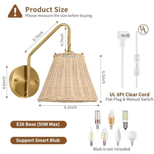 Image of Rattan Plug in Wall Sconces Set of 2, Boho Swing Arm Plug in Sconce, Hand Woven Wicker Wall Lamps for Bedroom, Gold Wall Sconces with UL Certified Cord, Wrapped Rattan Sconce for Living Room