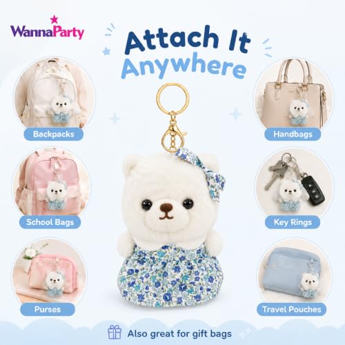 Image of Wanna Party White Teddy Bear Plush Keychain, Cute Soft Bear Bag Charm with Blue Floral Dress