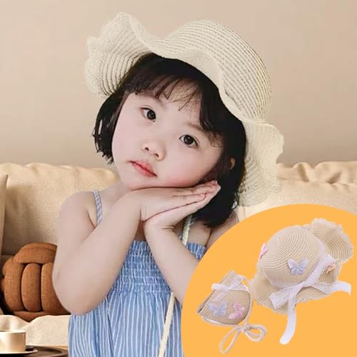 2Pcs/Set Kids Straw Hat and Straw Purse Cute Butterfly Lace Hat ＆ Straw Bag Adorable Tourism for Girls Sun Protection Outdoor Summer Beach Baby Hat & Purse, Straw Purse2