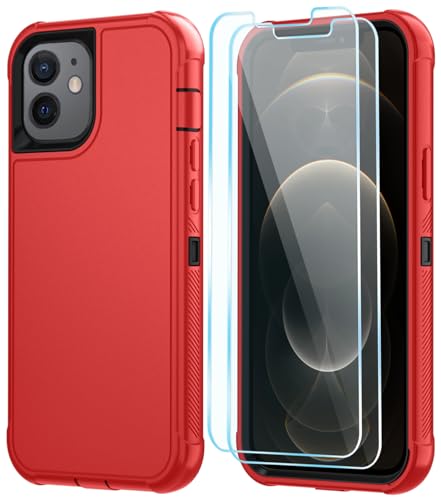 Image of SunStory Compatible with iPhone 12 /12 Pro Case with HD Screen Protector, 3-Layer Heavy Duty Full-Body Cover,3 in 1 Hybrid Protective Case for iPhone 12 /12 Pro 6.1 inch, Red