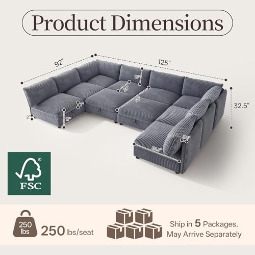 Image of Oversized Corduroy Modular Sectional Sofa Bed with Hidden Storage, Convertible L U Sleeper Couch, 10-Seat Modular Sofa Free Combination with Ottoman & Removable Covers for Living Room, Gray