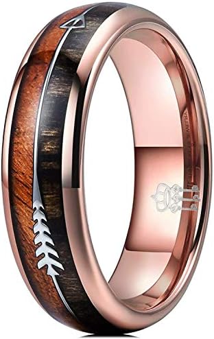 THREE KEYS JEWELRY 6mm Rose Gold Tungsten Wedding Ring with Koa Wood Zebra Wood Two Arrows Inlay Dome Hunting Ring Wedding Band Engagement Ring Size 9.5