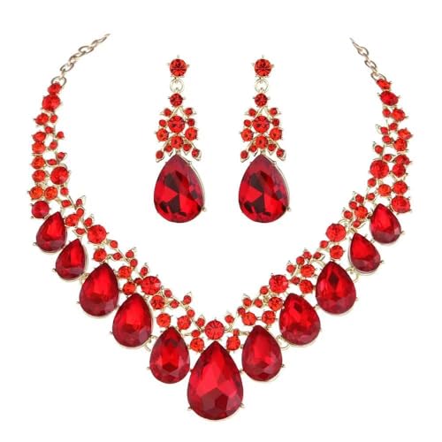 Qlavoca Crystal Teardrop Bridal Jewelry Set Rhinestone Bib Statement Necklace Dangle Earrings Women Costume Fashion Necklace for Wedding Prom (Red-Gold-Tone)