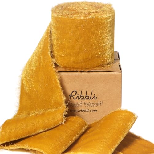 Ribbli Gold Velvet Ribbon 2 Inch Handmade Frayed Vintage Christmas Ribbon for Gift Wrapping Christmas Tree Ornament Wreath Craft Home Decor -3 Yards