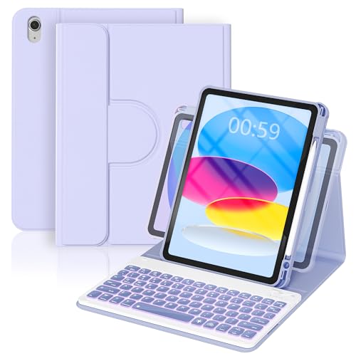 Image of YBING Keyboard Case for iPad 10th Gen 10.9 inch(2022) & 11th Gen(A16, 2025), 7-Color Backlit Detachable Keypad & Rotatable Magnetic Case with Pencil Holder (Purple)
