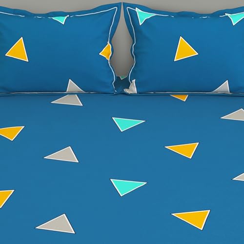 Image of Bedsheets for Double Bed with 2 Pillow Covers|152TC, 100% Cotton Double bedsheet with Pillow Cover|225 x 250cm|Blue & White, Triangle Pattern|Home Decor |Ideal for Festive Gifting