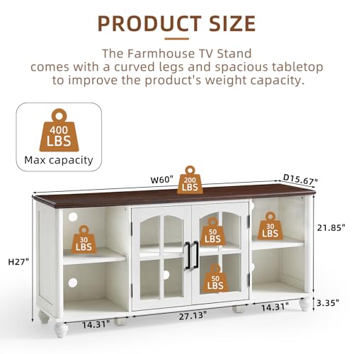 Image of RWYHG Farmhouse TV Stand for 60 in TV, Entertainment Center for Living Room | Adjustable Shelves, Magnetic Glass Door, Sturdy Gourd Base, Wood Grain Top, High Capacity Storage Cabinet, White