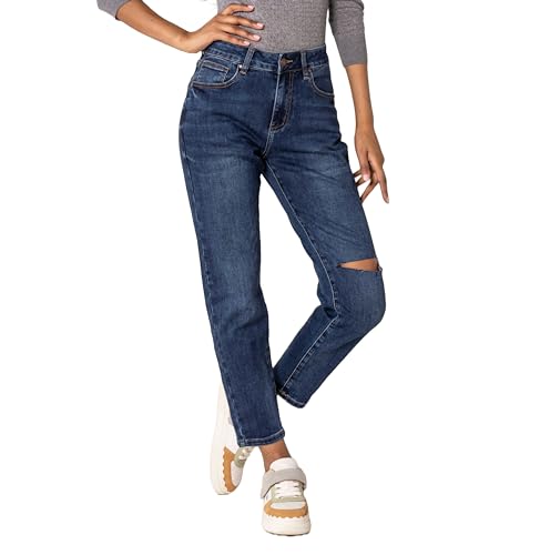 Nina Carter Damskie spodnie jeansowe Boyfriend High Waist MOM Jeans Cutted Knee UsedLook efekt sprania, Ciemnoniebieski (Q1886-11), XL