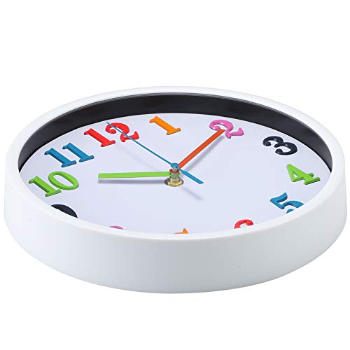 Vreaone Colorful Kids Wall Clock 10 Inch Silent Non Ticking Quality Quartz Battery Operated Wall Clocks, Easy To Read 3D Multi Colored Numbers Nursery Classroom Office Kitchen, White Frame #TOP2