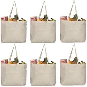 Greenmile 6 Pack Canvas Reusable Grocery Bags – Cotton Canvas Grocery Bag Cloth Shopping Tote With Long Handles Bulk – Heavy Duty Grocery Tote Bag – Large, Foldable and Lightweight – Capacity 40 lbs