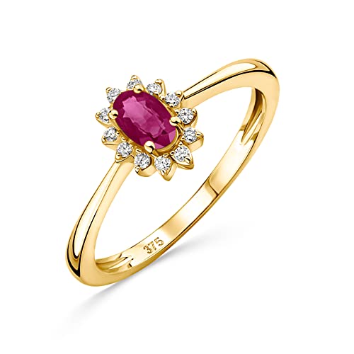 OROVI Schmuck Damen 0.07 Ct Diamant Verlobungsring Blume Gelbgold mit Edelstein/Geburtsstein natürlicher ovaler roter Rubin und 12 Diamanten Brillanten Ring aus 9 Karat (375) Gold