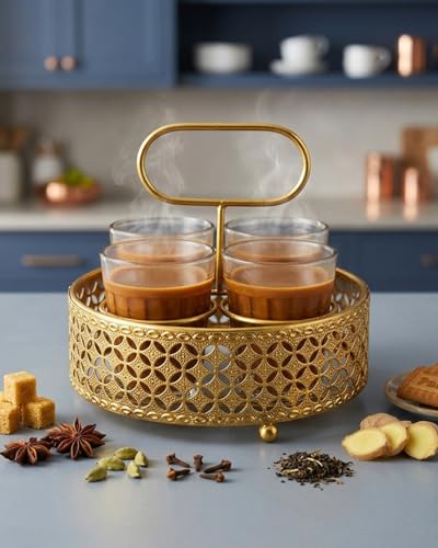 Image of Printed Tea Glass Set with Golden Metal Stand | Set of 4 Cutting Chai Glasses 120ml | Designer Iron Holder Tray for Tea Coffee Serving | Home Kitchen Cafe Use (Gold)