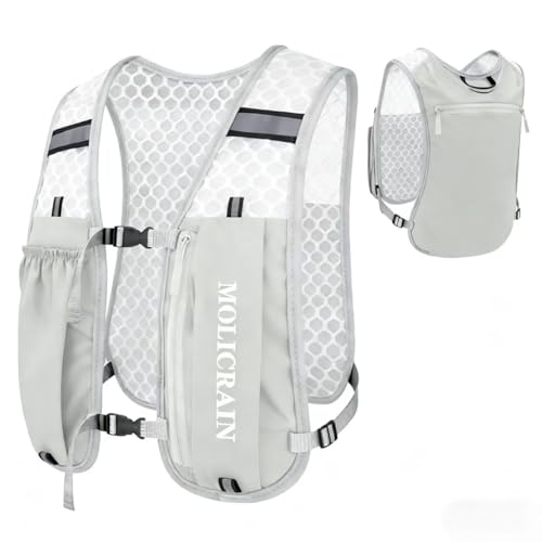 MOLICRAIN Running Hydration Vest Backpack, Lightweight & Breathable Running Vest Phone Holder for Women Men, 5L Hydration Pack for TrailRunning Hiking Cycling Marathon(Grey)
