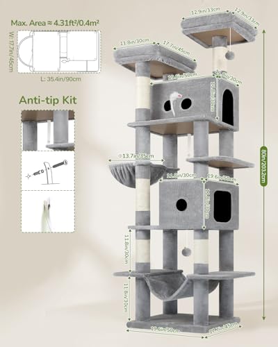 Image of Globlazer Heavy Duty Cat Tree Tower 80in Tall Extra Large Cat Tree Tower for Multiple Indoor Cats Large Adult with Scratching Posts, 2 Spacious Condos, Padded Perches, Soft Hammock, S80B, Light Grey