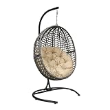 Xelara Hanging Swing Egg Chair with Stand - Outdoor Wicker Tear Drop Hammock Chair with Cushion (Khaki) for Patio, Garden, and Balcony