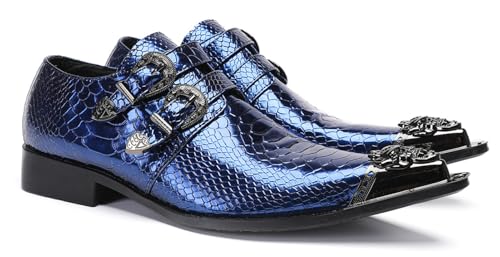 Santimon Men's Luxury Patent Leather Dress Shoes - Snakeskin Texture Metal Pointed Toe Metallic Monk Strap Loafers Formal Shoes with Buckle Accent for Wedding Party Bar Singer4