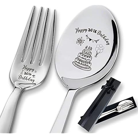 XIKAINUO 2 Pieces Happy 30th Birthday Engraved Stainless Spoon and Fork, Personalized 30 Years Old Birthday Gifts for Sister Brother Boyfriend Girlfriend Husband Wife Friends Cover