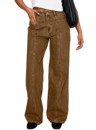 Sidefeel Womens High Waisted Jeans Stretchy Seamed Wide Leg Denim Pants with Pockets Brown Size 8