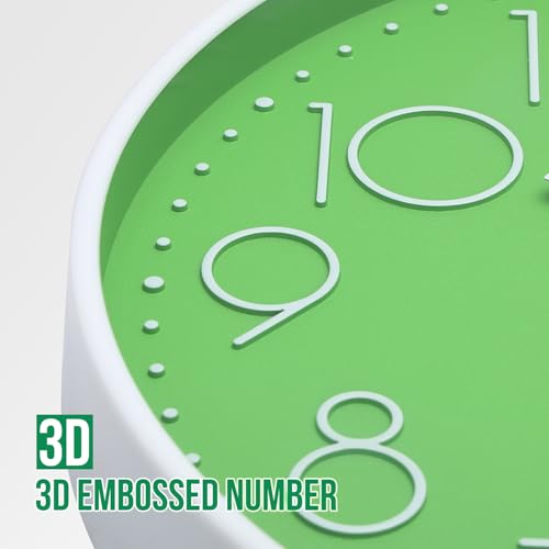 Image of Wall Clock 12 Inch Non-Ticking Silent Modern Simple Style Round Decor Clock Green Stereoscopic Dial Quartz Wall Clocks for Home /Office /School /Living Room /Bedroom /Kitchen