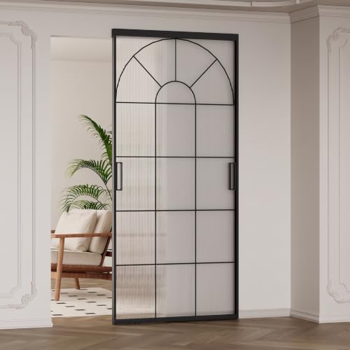 Image of Opening Size 30 inch -36 inch x72-85 inch H Fluted Glass Barn Door, Concealed Sliding Barn Door with Soft Close, Waterproof Modern Sliding Door for Bathroom /Kitchen Privacy, 5 /16 inch(8mm) Tempered Glass,