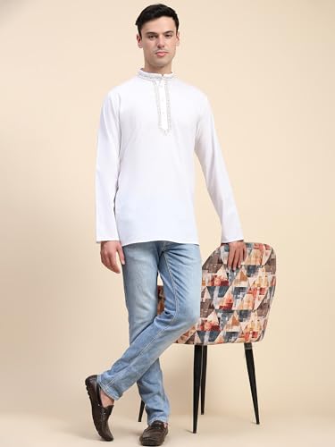 Image of SKAVIJ Men's Cotton Embroidered Kurta Shirt - Long Sleeve Traditional Indian Tunic for Casual