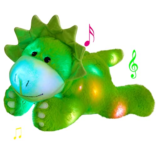 Image of Glow Guards 15'' Light up Music Green Dinosaur Stuffed Animal Singing LED Triceratops Soft Plush Toy Pillow with Night Lights Birthday Children's Day Gifts for Toddler Kids