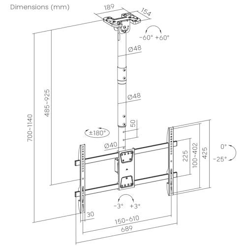 Maclean TV‑Deckenhalterung 43–86″ | 60 kg Tragfähigkeit | Neigbar −25° Schwenkbar 180° Höhenverstellbar 485‑925 mm | VESA bis 600×400 mm | Kabelmanagement | Schwarz Stahl – Bild 7