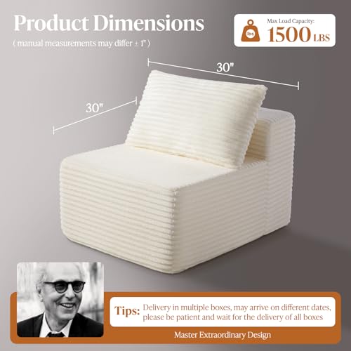 Image of 30 inch Cloud Sectional Couch Single Seat for Living Room, Extra Deep Seats No Assembly, Minimalist Modular Couch, Corduroy (Cream, Single Seat)
