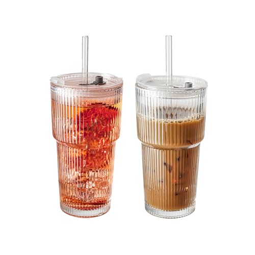 SUROQUE 20oz Ribbed Glass Tumblers with Lids...